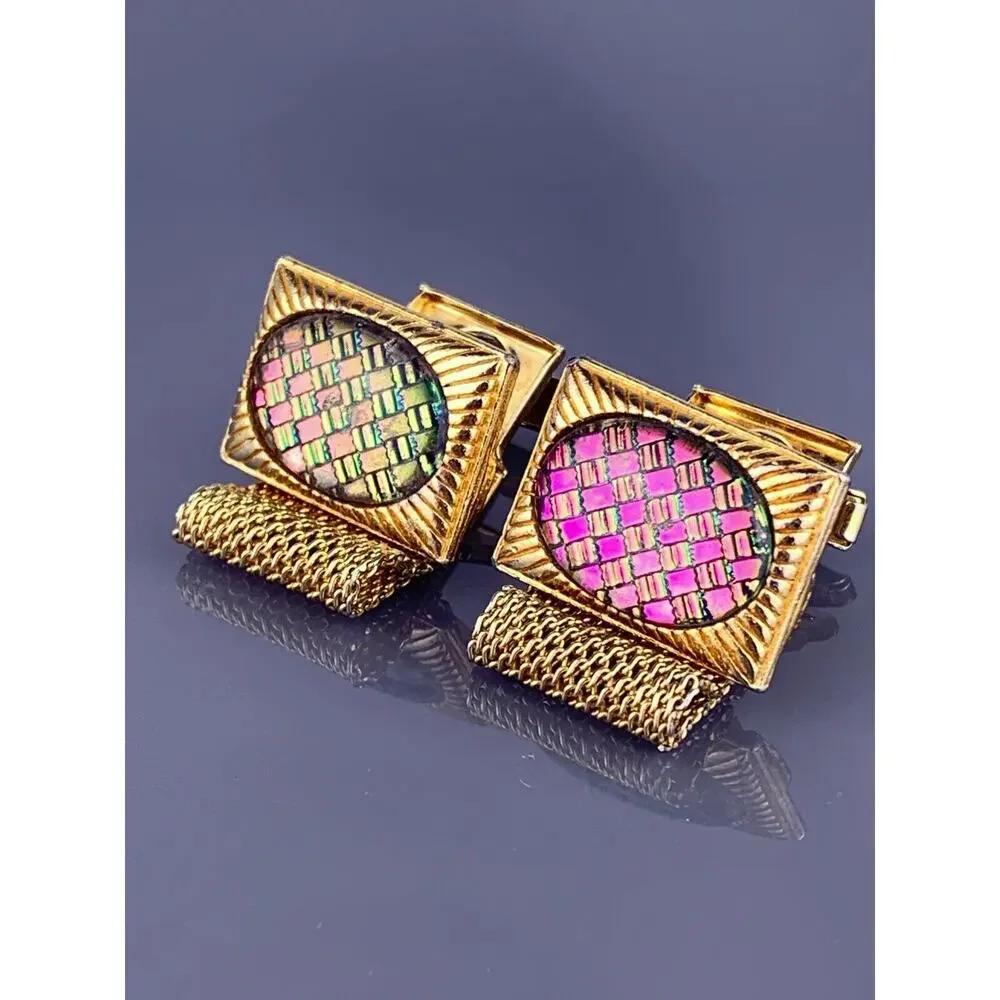 Dichroic Glass Cufflinks Wrap Around Gold Tone Green to Pink Lines Rays Vintage